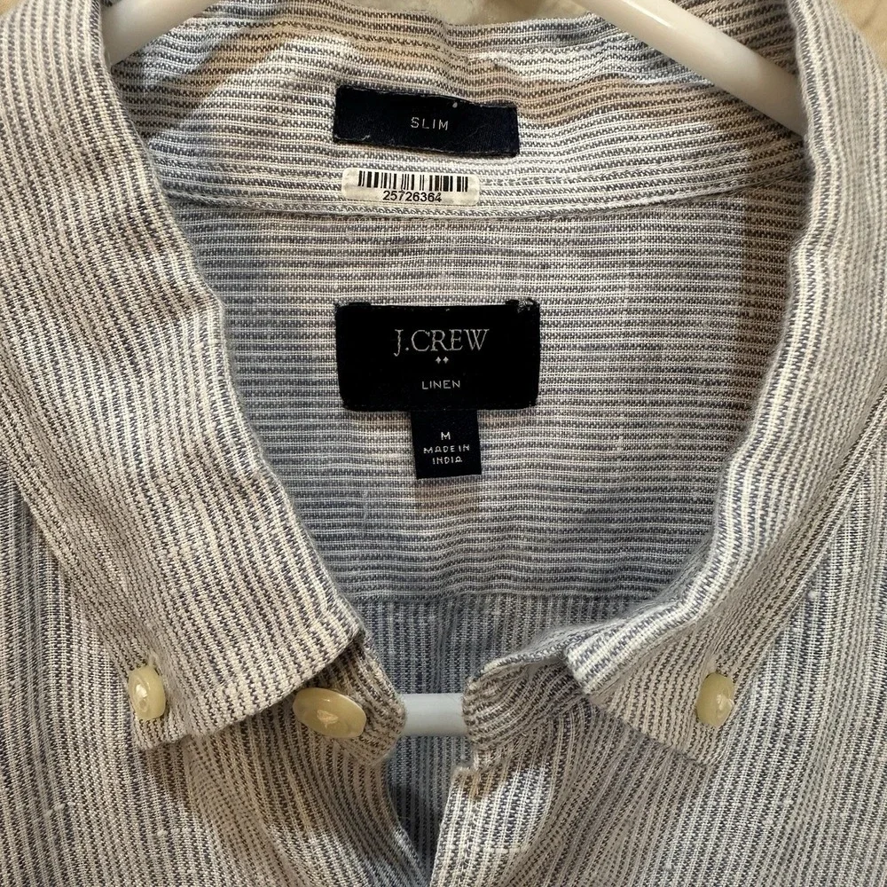 J Crew Mens Blue Striped Slim Fit Linen Long Sleeve Button Down Shirt M Preppy
